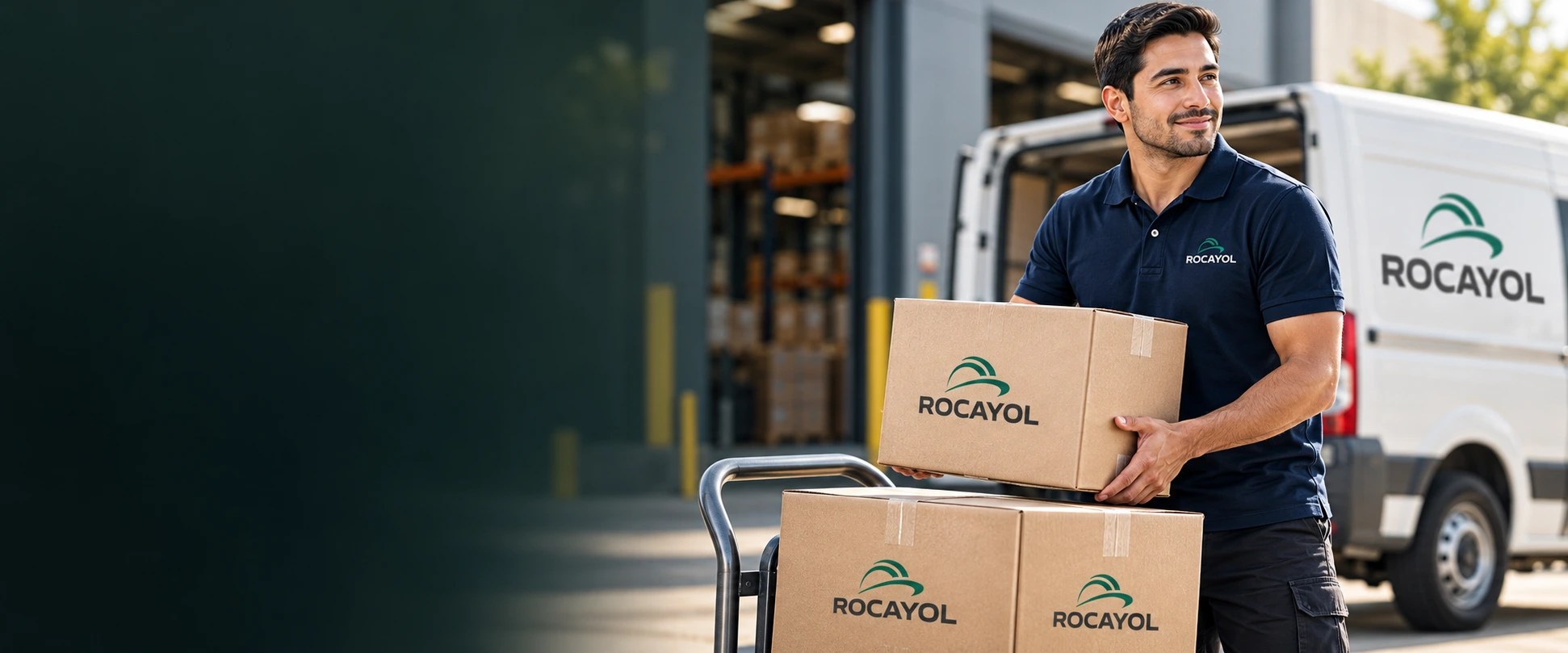 Escena promocional de entrega con uniforme y paquetes de Rocayol